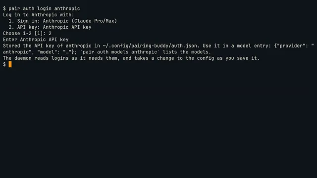 pair auth login anthropic in a terminal: a choice of subscription or API key, and the key stored