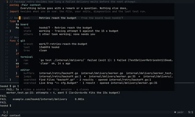 The context card: goal, board task, git, terminal, editor