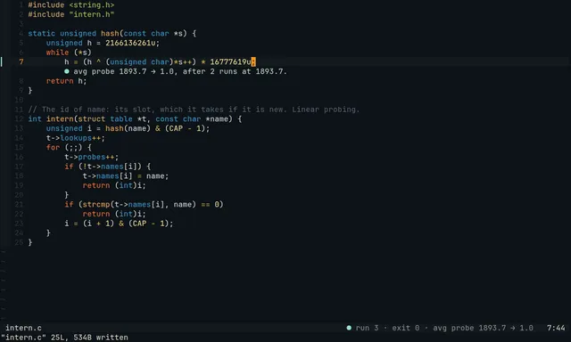 The statusline: avg probe 1893.7 → 1.0, and one line under the hash