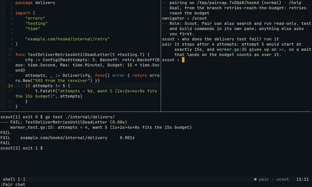 Neovim alone: the chat on the right, Scout's pane along the bottom running go test