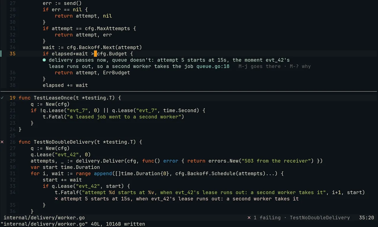 A remark under worker.go:35 explaining the lease; a cross on the failing test below, and the statusline names it